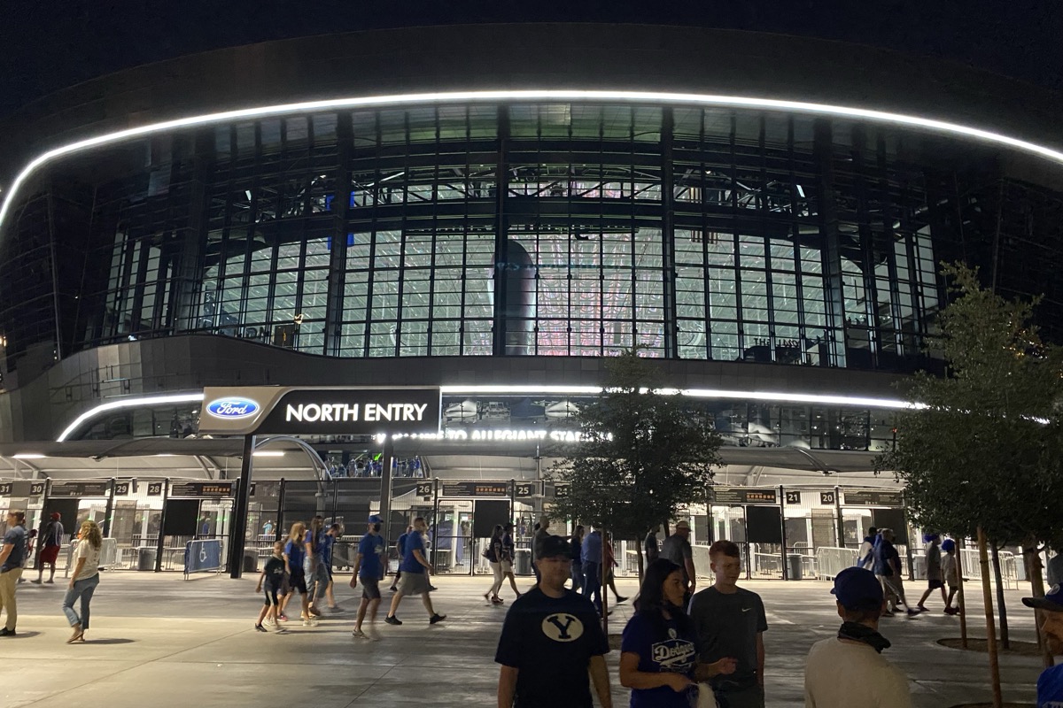 Allegiant Stadium's north entrance in Las Vegas, photographed in 2021; venue context, not the 2027 CFP championship