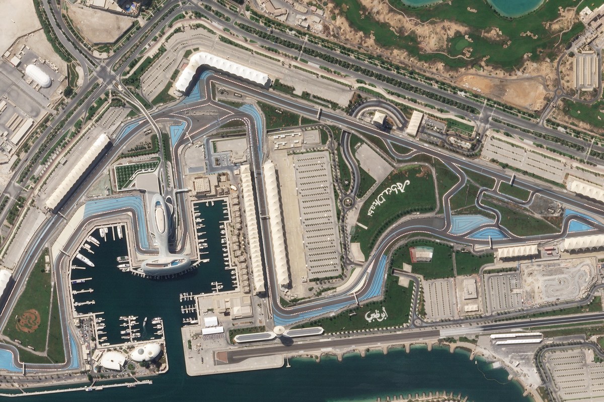 Yas Marina Circuit in a Planet Labs satellite image from October 12, 2018; historical venue context, not the current circuit layout or the 2026 race.