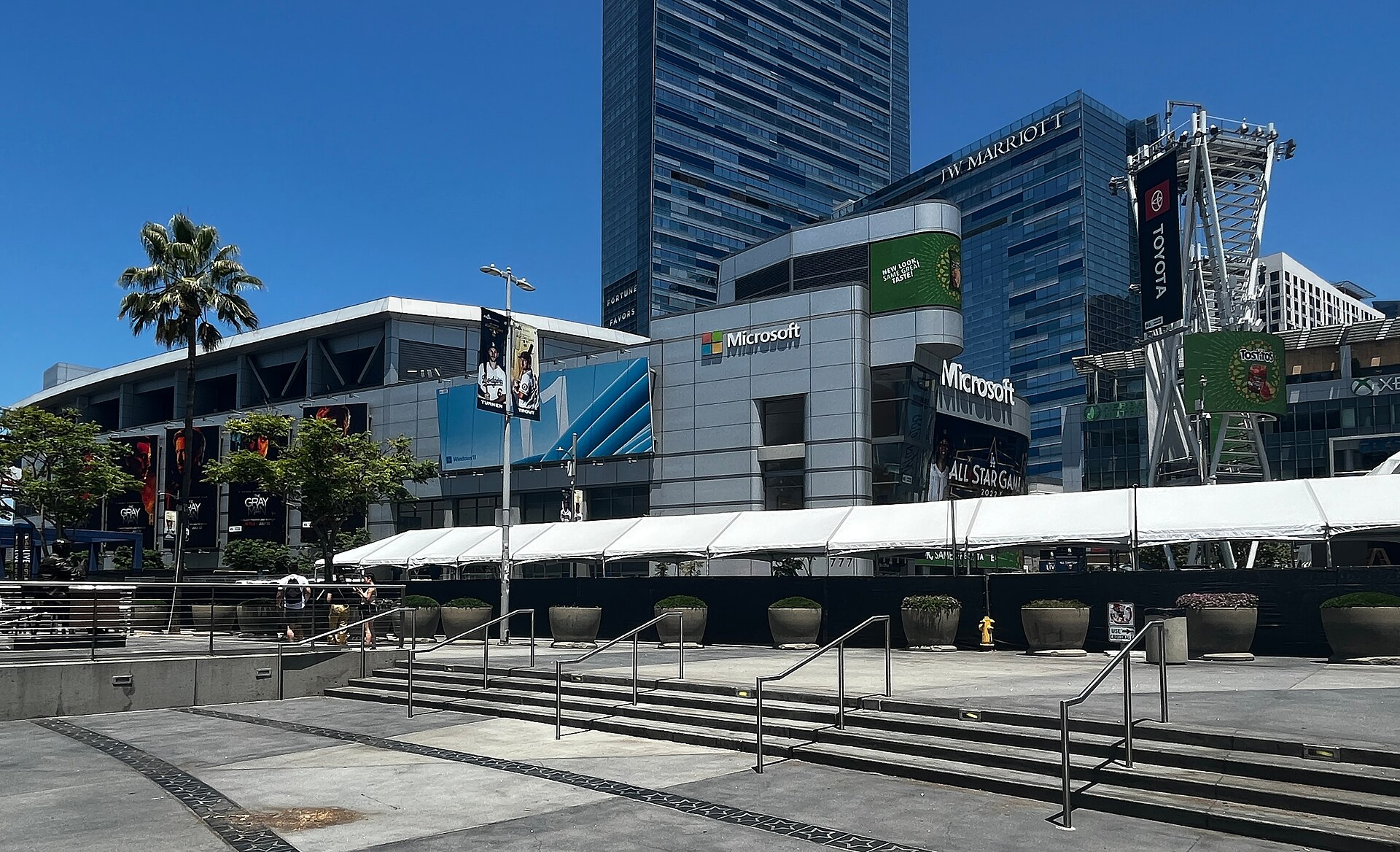 Exterior of the L.A. LIVE theater that hosts the Emmy Awards ceremonies, photographed in July 2022 when it was named Microsoft Theater; the venue is now called Peacock Theater