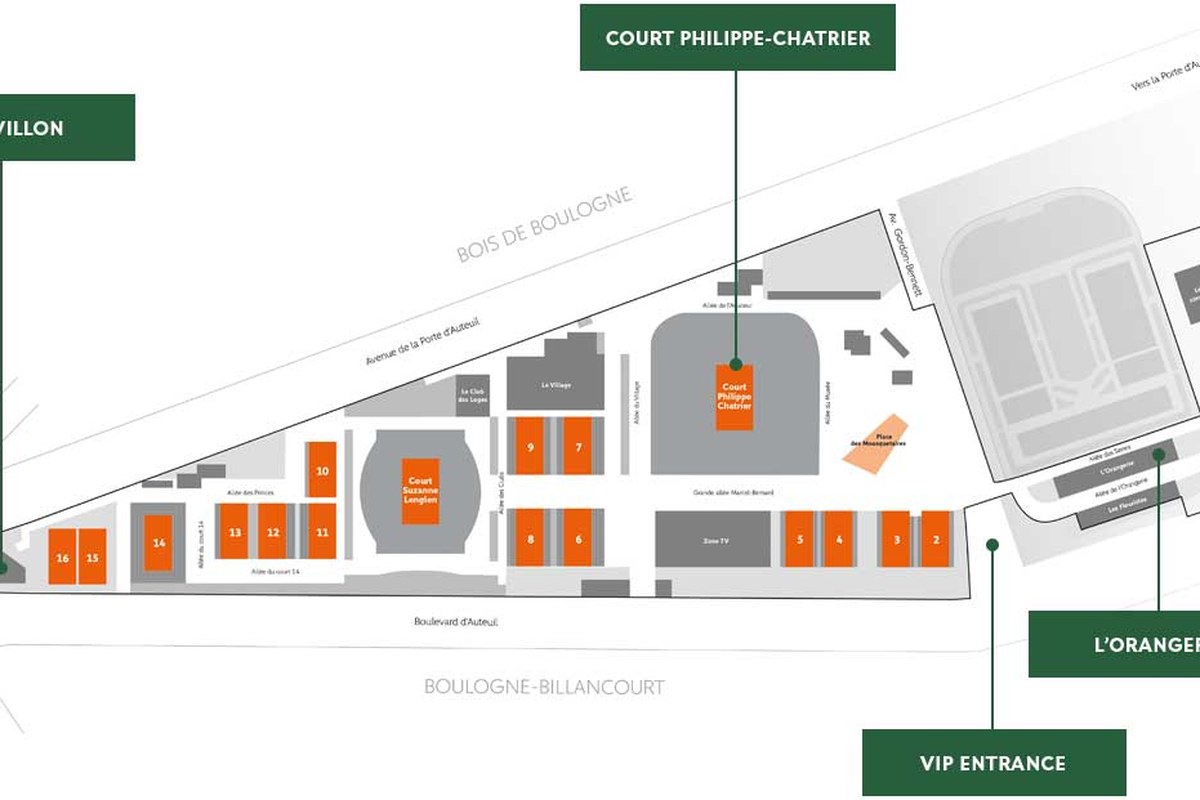 Official Roland-Garros stadium map published by rolandgarros.com in 2023; venue context only, not the 2027 schedule, field or tickets.