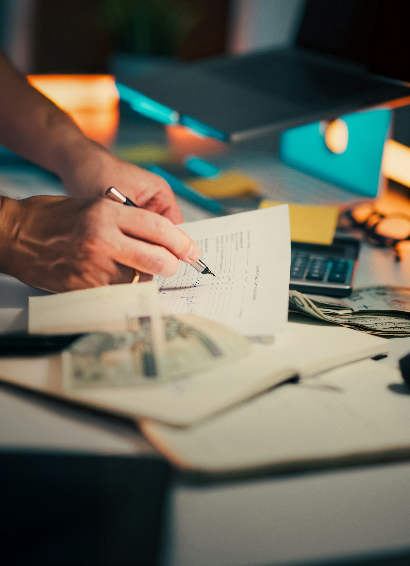 Person reviewing and signing a financial document at a desk