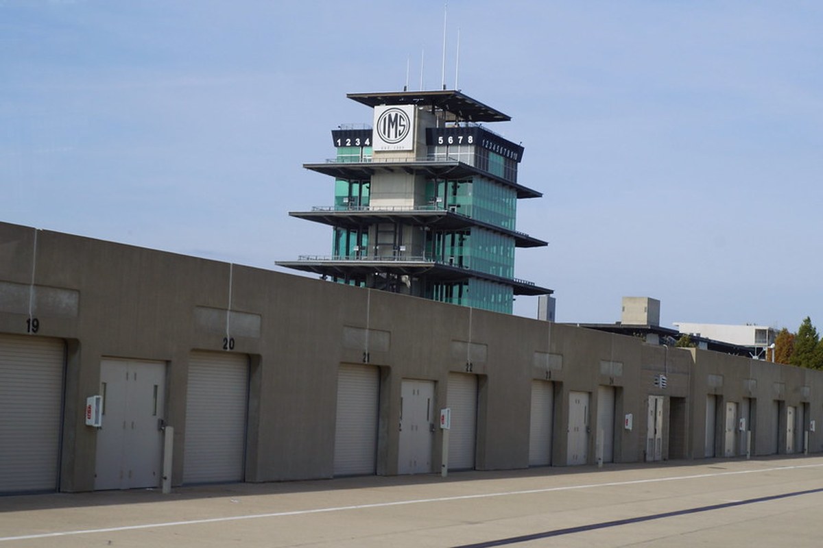 Gasoline Alley garages and the Pagoda at Indianapolis Motor Speedway, photographed October 19, 2014; historical venue context, not the 2027 race